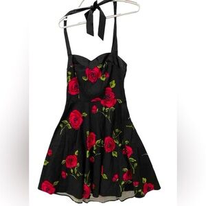 Halter Dress Retro Swing Woman's XL Black Floral Vintage Full Skirt Dress Tells
